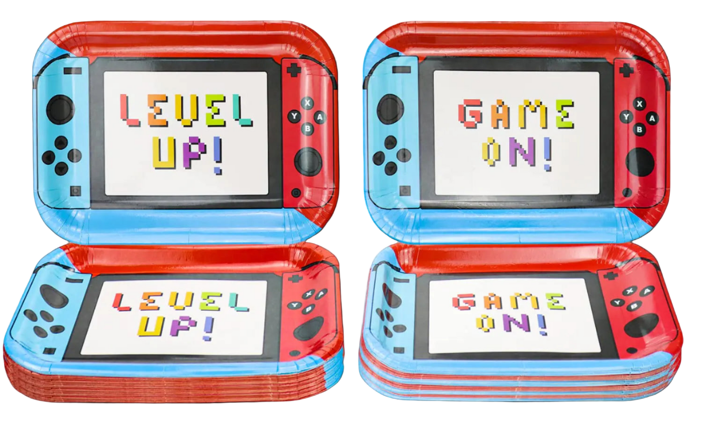 Two red and blue handheld gaming consoles with 'Level Up!' and 'Game On!' text on screens.