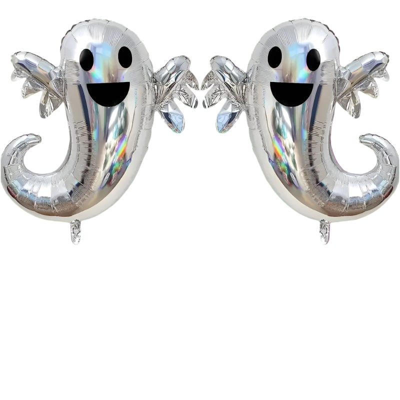 Two silver ghost-shaped balloons with black faces on a white background, featuring 'Dia de los Muertos' text.