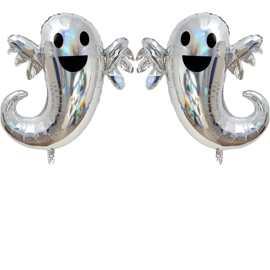 Two silver ghost-shaped balloons with black faces on a white background, featuring 'Dia de los Muertos' text.