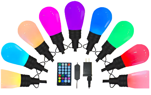 Set of colorful LED light bulbs with remote control and power adapter on a white background