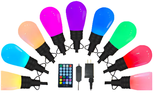Set of colorful LED light bulbs with remote control and power adapter on a white background