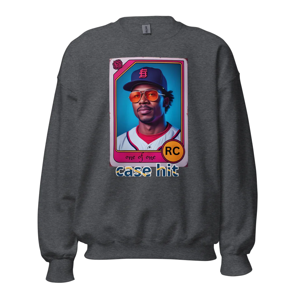 Gray sweatshirt with a graphic of a baseball player on a card design, featuring the text 'case hit' and 'RC'.