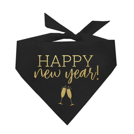 Black bandana with 'Happy New Year!' text and champagne glass design on a white background