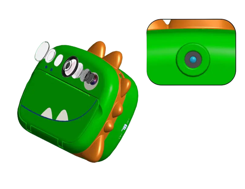 Toy camera with dinosaur design on a light green background