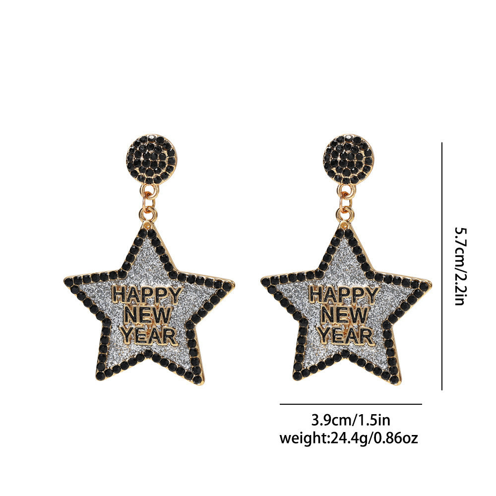 Star-shaped earrings with 'Happy New Year' text on a white background