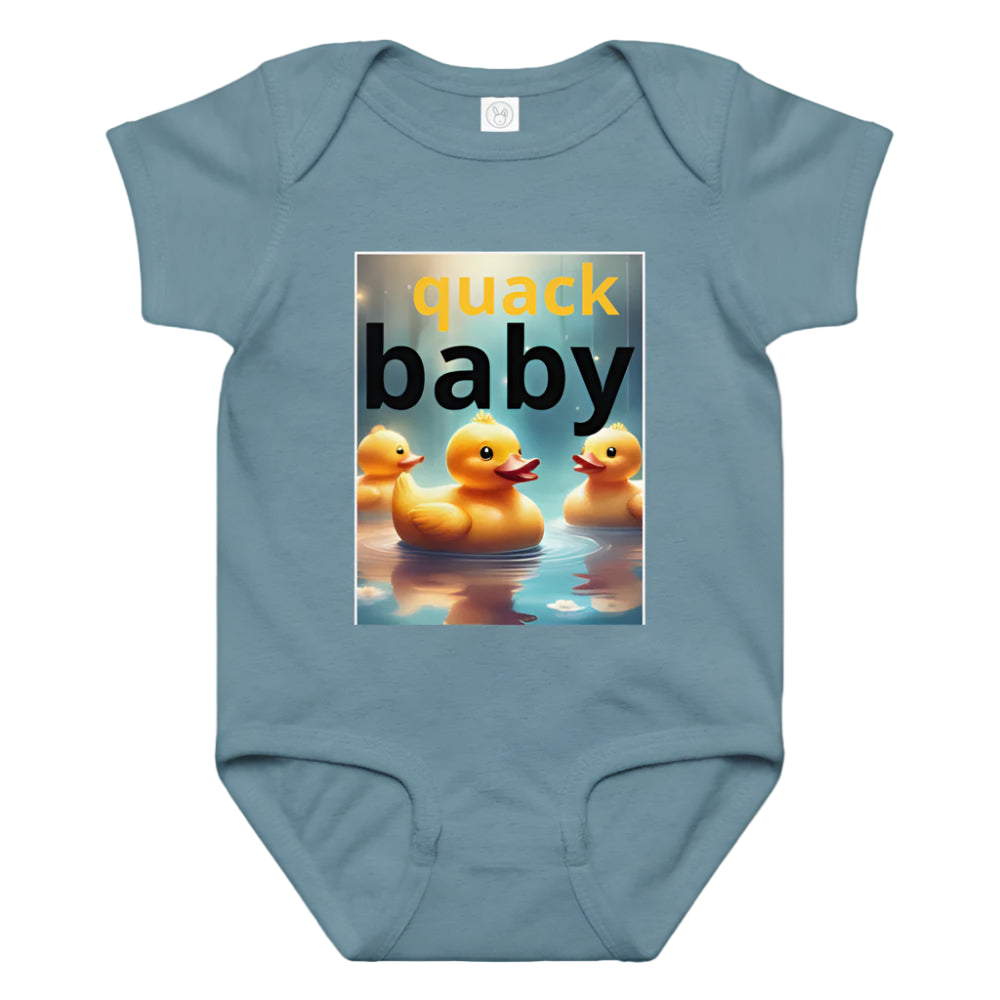Blue baby onesie with 'quack baby' text and duck illustrations on a white background