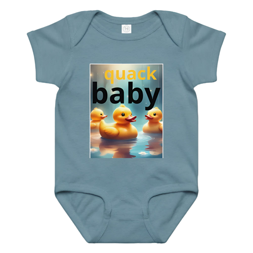 Blue baby onesie with 'quack baby' text and duck illustrations on a white background