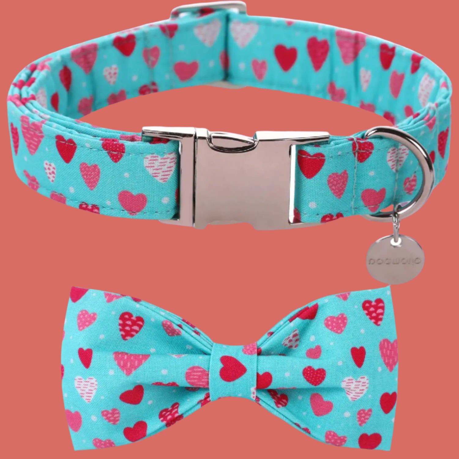 Dog collar and bow tie set with heart pattern on a turquoise background