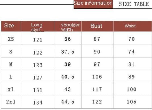 Size chart for clothing with measurements in centimeters