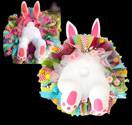 Colorful Easter wreath with bunny design on a white background