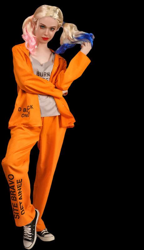 Two people wearing orange prison-themed outfits on a white background