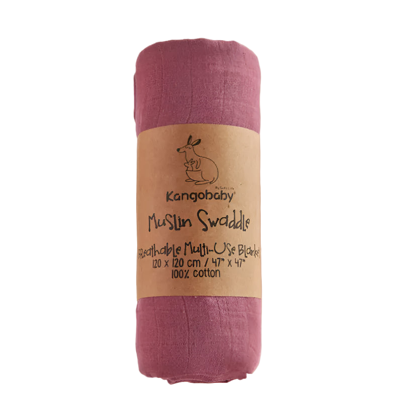 Purple muslin swaddle blanket with a brown label on a white background