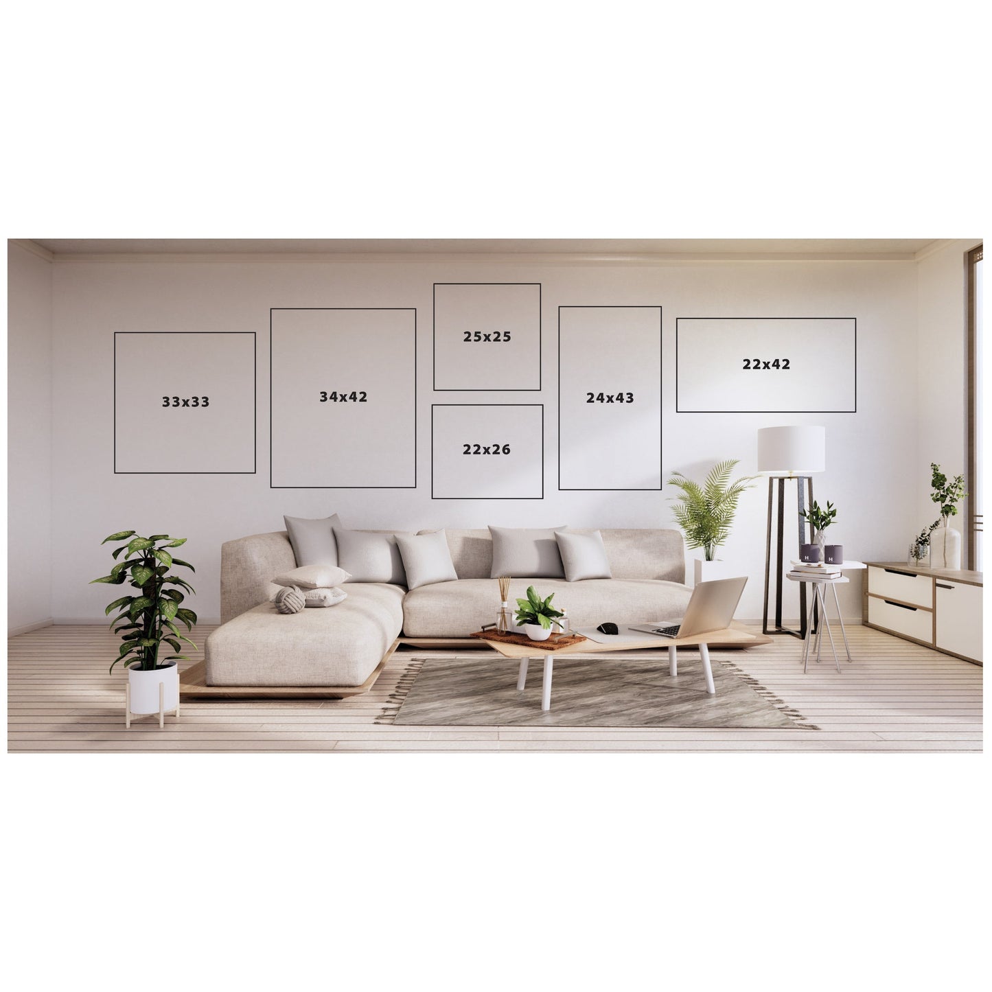 Living room with a sectional sofa and decorative elements, featuring framed pictures on the wall.