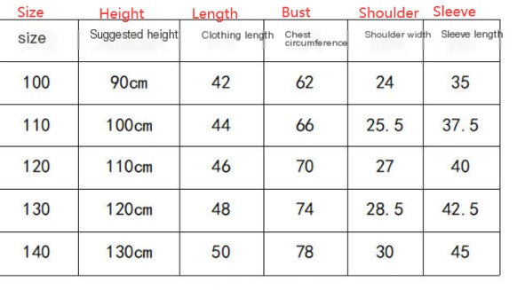 Size chart for clothing with measurements in centimeters