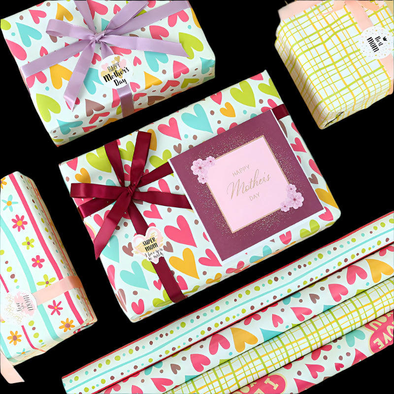 Colorful gift boxes with ribbons and 'Happy Mother's Day' text on a yellow background