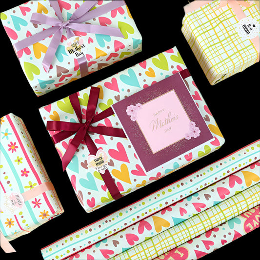 Colorful gift boxes with ribbons and 'Happy Mother's Day' text on a yellow background