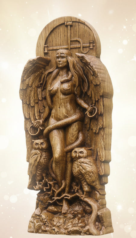 Wooden sculpture of a winged figure with a door on its back, set against a blurred green natural background.