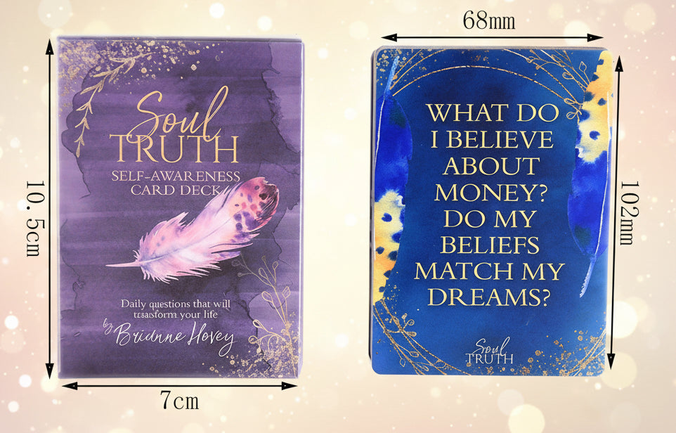 Two card decks with 'Soul Truth' branding and dimensions displayed.