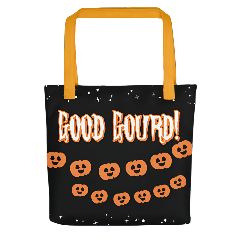 Black tote bag with orange text 'GOOD GOURD!' and pumpkin illustrations on a white background