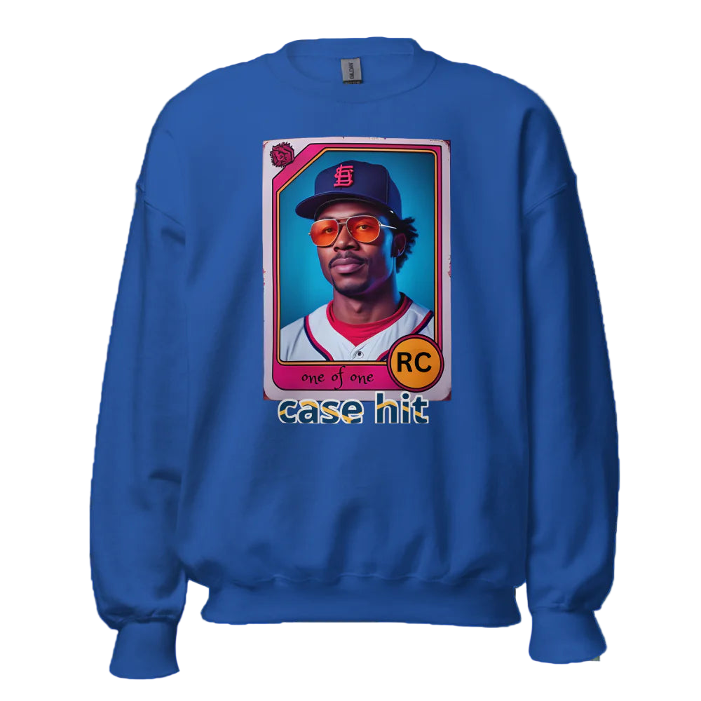 Blue sweatshirt with a graphic of a baseball player on a card design, featuring the text 'case hit'.