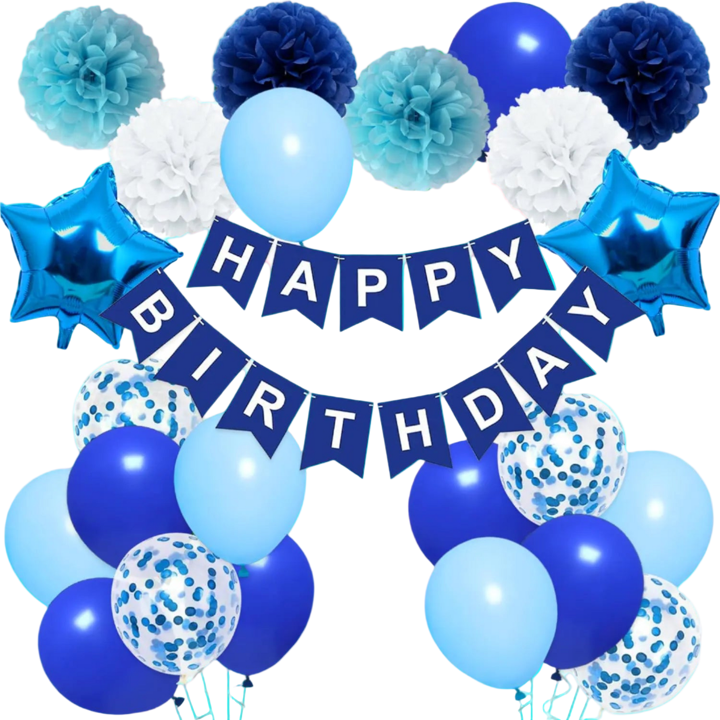 Blue and white birthday balloons with a 'Happy Birthday' banner.