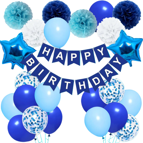 Blue and white birthday balloons with a 'Happy Birthday' banner.