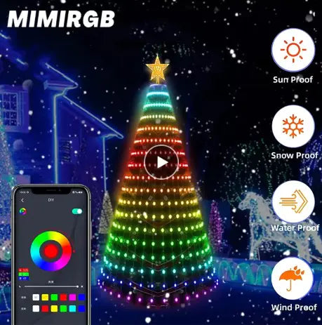 Colorful LED Christmas tree with smartphone app control and weatherproof features on a snowy night.