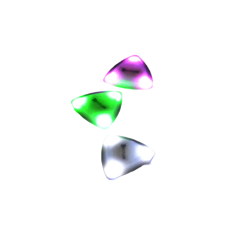 Three triangular LED lights in green, purple, and white on a black background