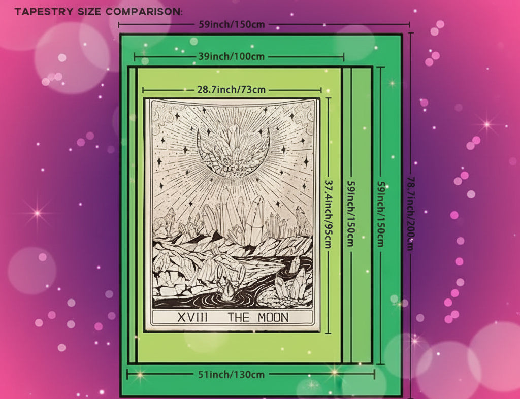 Tapestry size comparison with measurements on a bed background