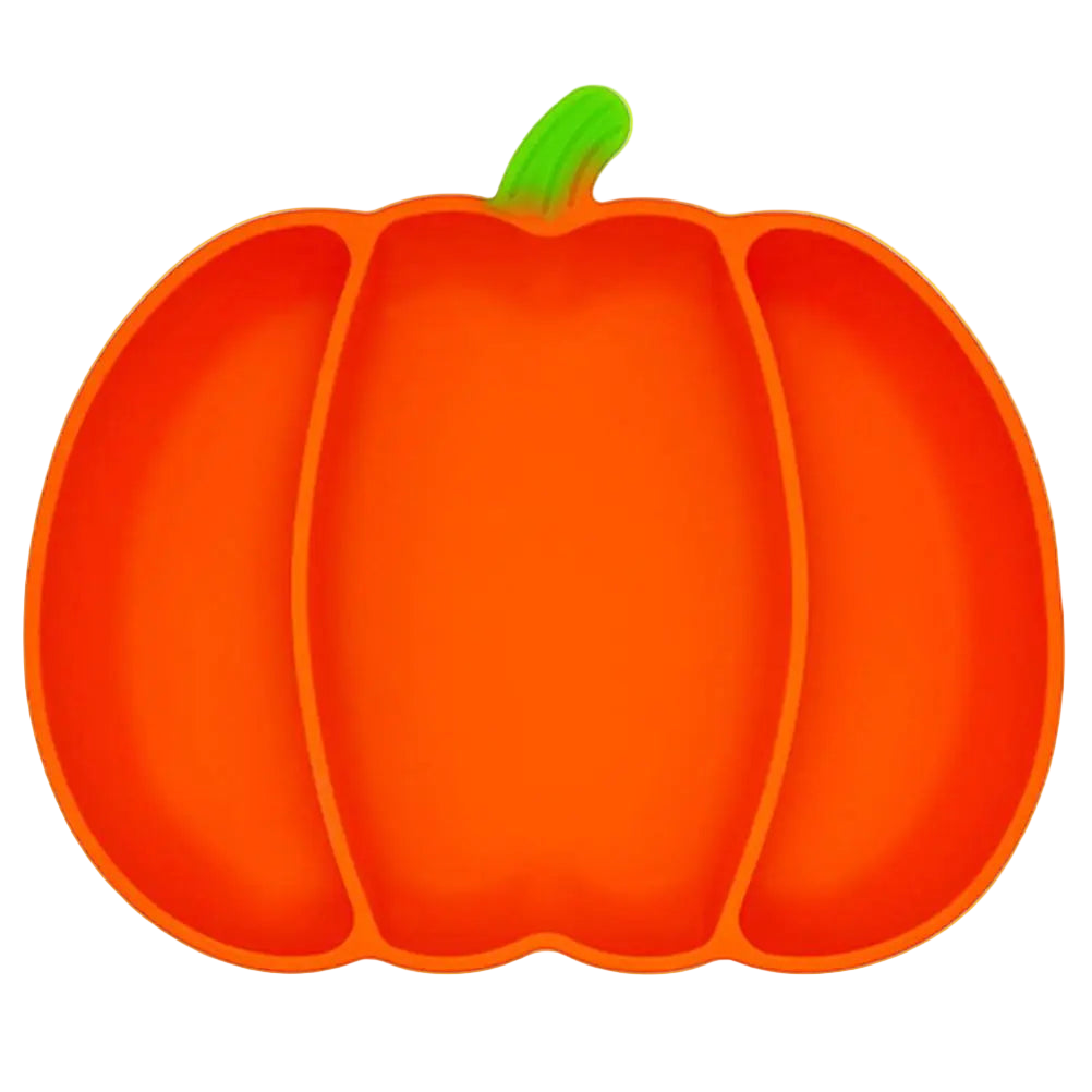 Pumpkin-shaped orange plate with a green stem on a white background