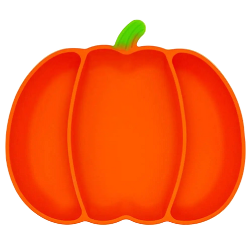 Pumpkin-shaped orange plate with a green stem on a white background