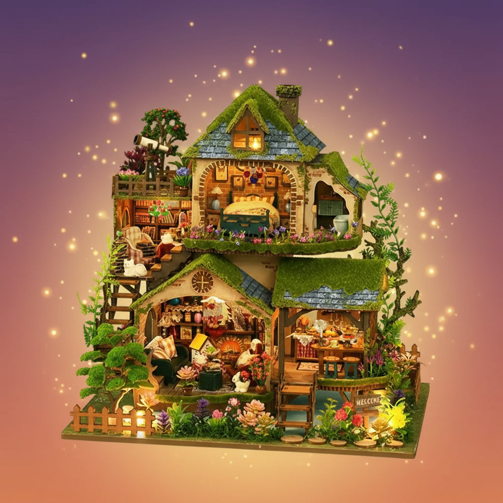 Detailed model of a cottage with various rooms and decorative elements on a white background