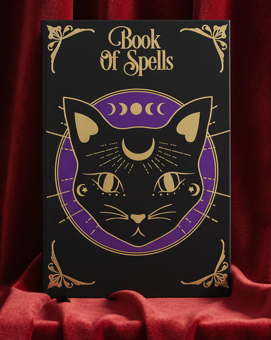 A black hardcover journal titled 'Book of Spells' featuring a purple and gold illustration of a cat's face with moon phases and celestial symbols on the cover, with a black ribbon bookmark hanging from the bottom.