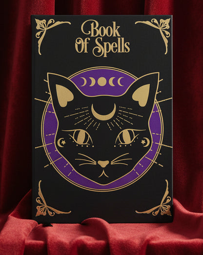 A black hardcover journal titled 'Book of Spells' featuring a purple and gold illustration of a cat's face with moon phases and celestial symbols on the cover, with a black ribbon bookmark hanging from the bottom.
