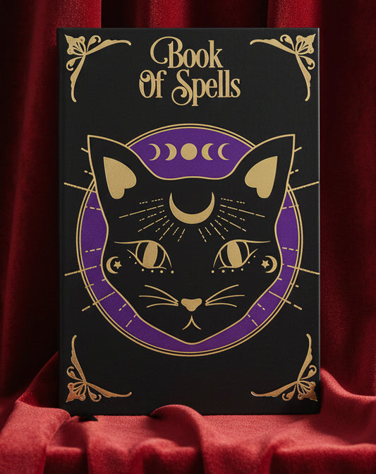 A black hardcover journal titled 'Book of Spells' featuring a purple and gold illustration of a cat's face with moon phases and celestial symbols on the cover, with a black ribbon bookmark hanging from the bottom.