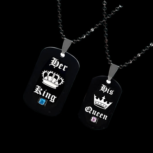 Two black dog tag necklaces with 'Her King' and 'His Queen' text on a white background.