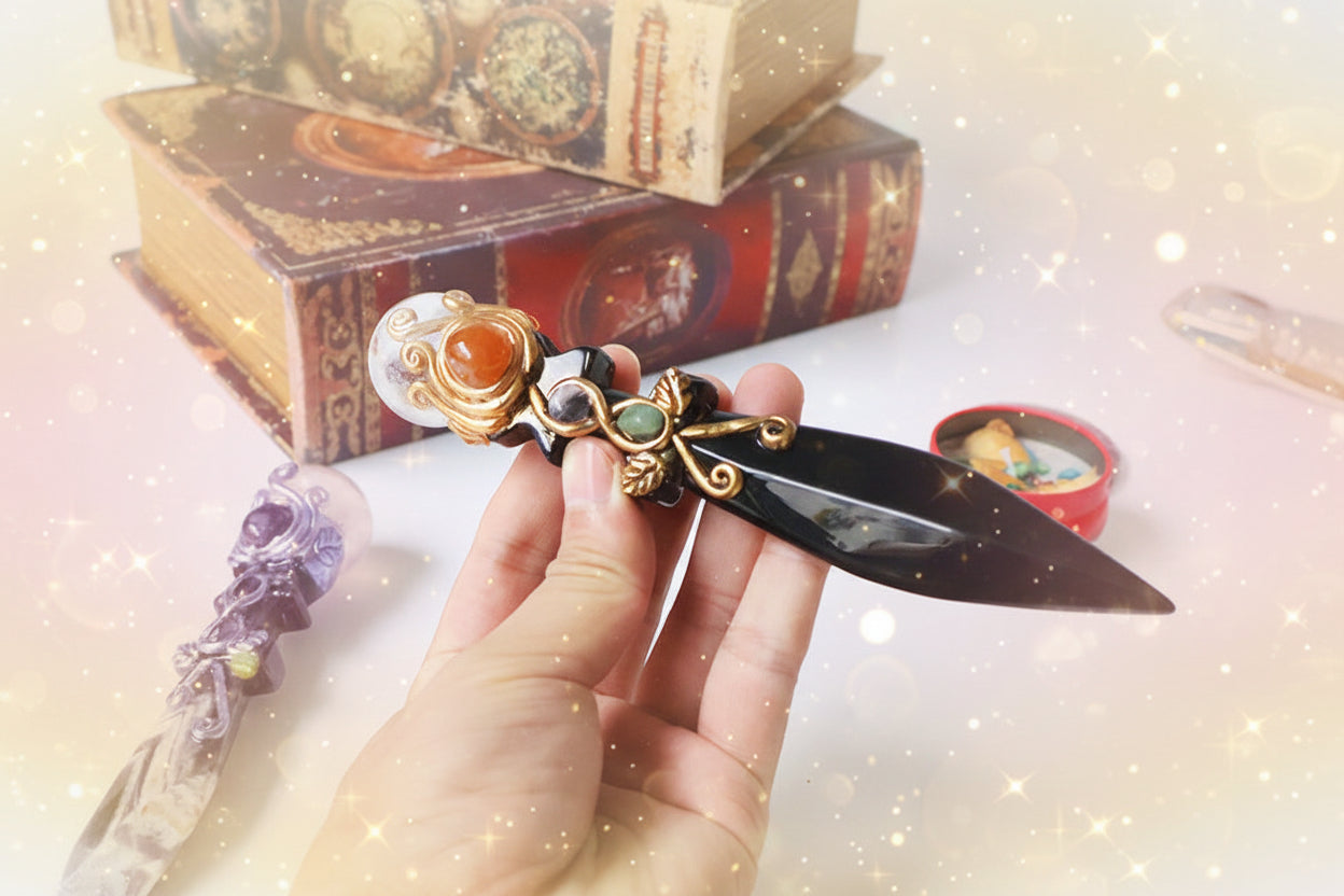 Decorative knife with ornate handle held by a hand, with vintage books in the background.