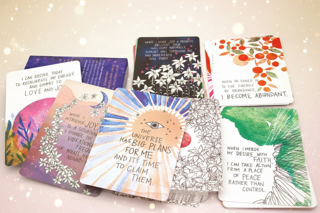 Collection of colorful tarot cards with various designs and text on a white background