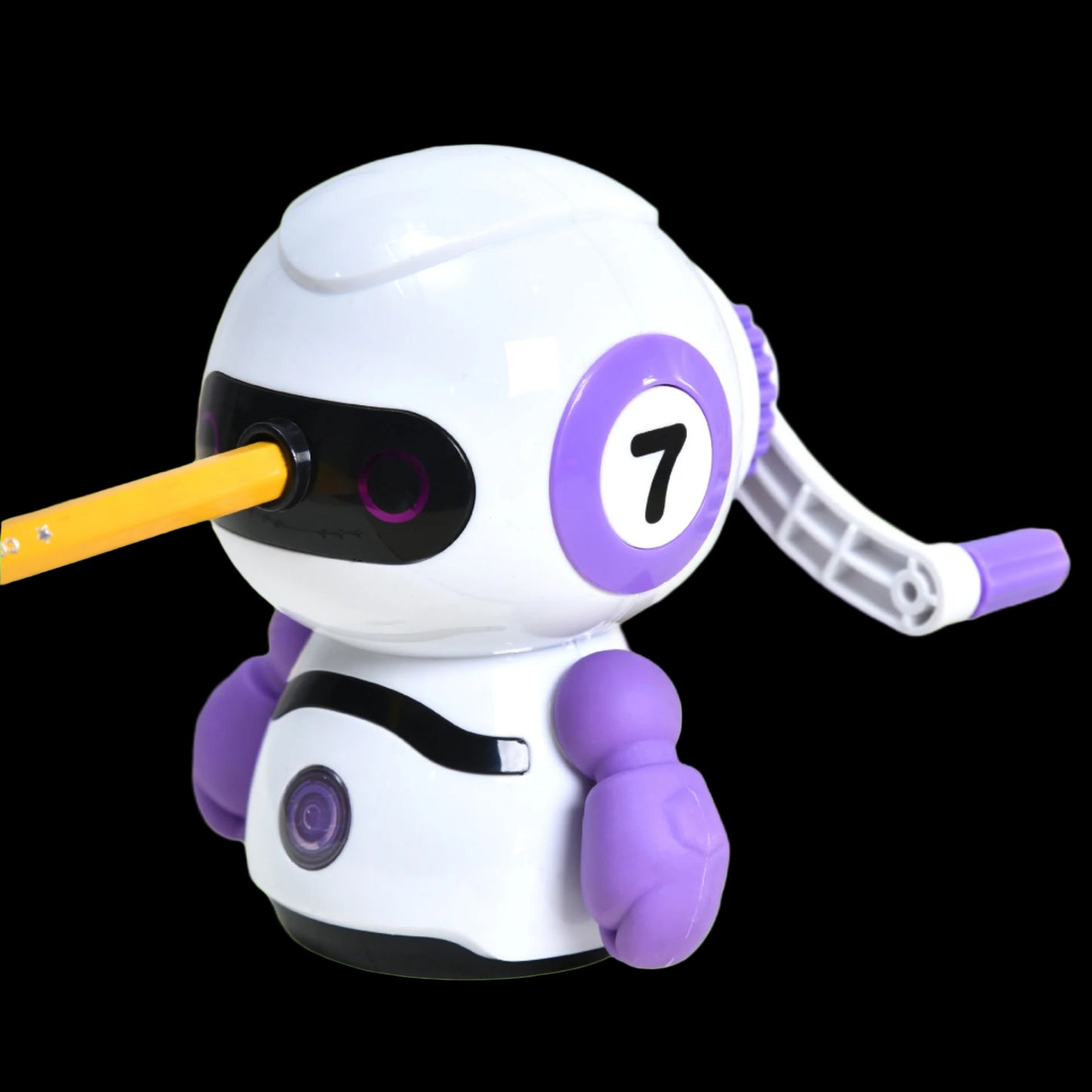 White and purple robot-shaped pencil sharpener with a pencil inserted, on a notebook.