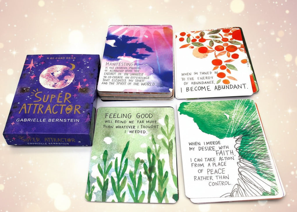 Set of tarot cards with colorful designs and text on a white background