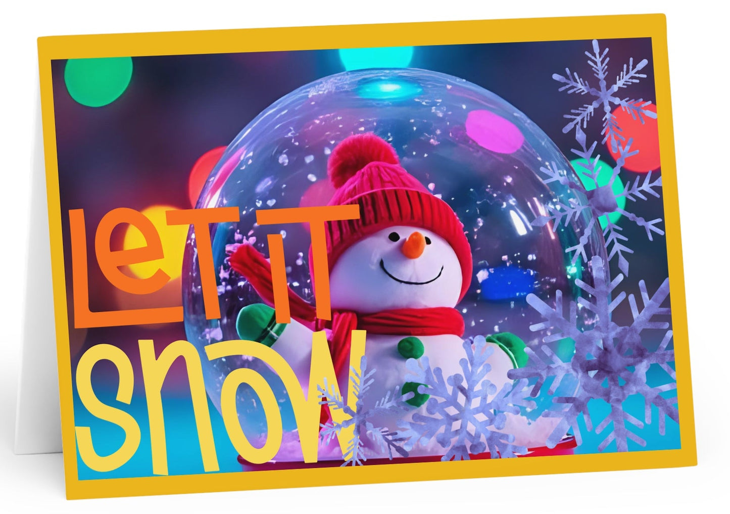 Greeting card with a snowman in a snow globe and 'Let It Snow' text on a colorful border.