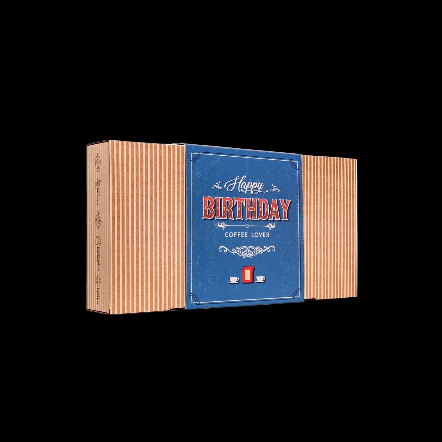 Gift box with 'Happy Birthday Coffee Lover' text on a white background