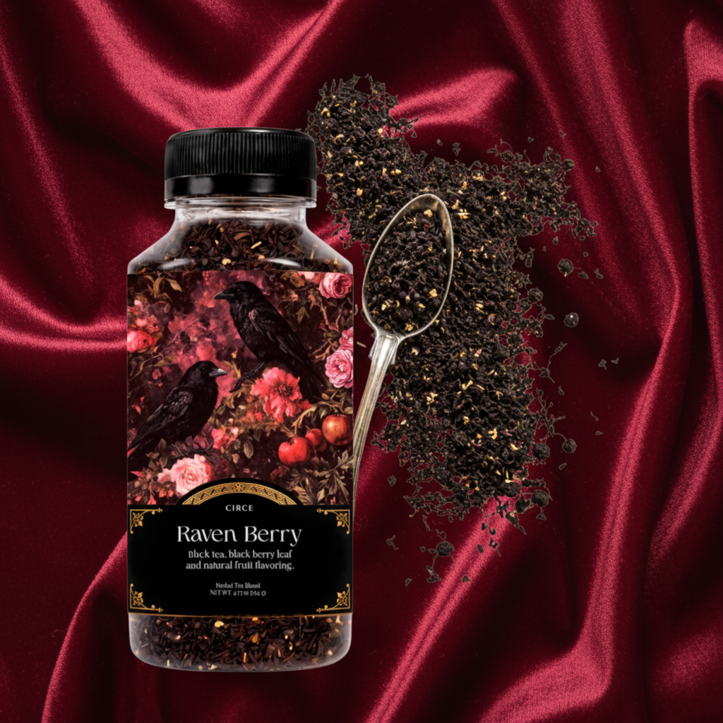 A bottle of Cuck Rack Raven Berry herbal tea with a black cap, shown next to a metal spoon filled with loose dried black berries and tea leaves on a white background.