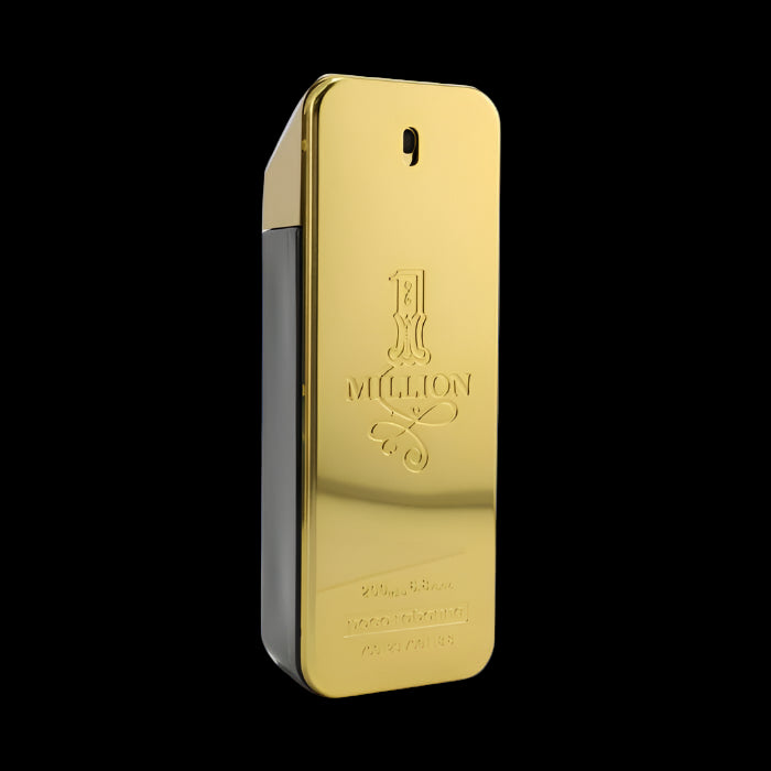 Gold perfume bottle with 'One Million' branding on a white background