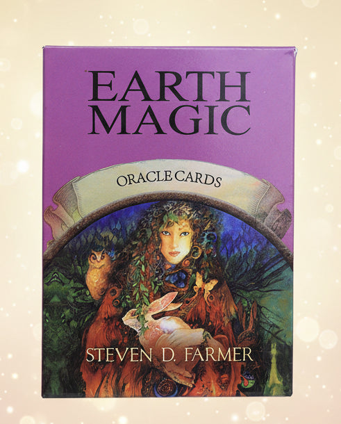 Cover of 'Earth Magic Oracle Cards' by Steven D. Farmer with a purple background and illustration of a woman with animals.