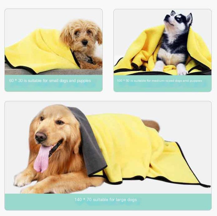 Three dogs using different sizes of a yellow towel or blanket with text indicating size suitability for small, medium, and large dogs.