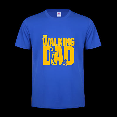 Blue t-shirt with yellow 'The Walking Dad' graphic on a white background