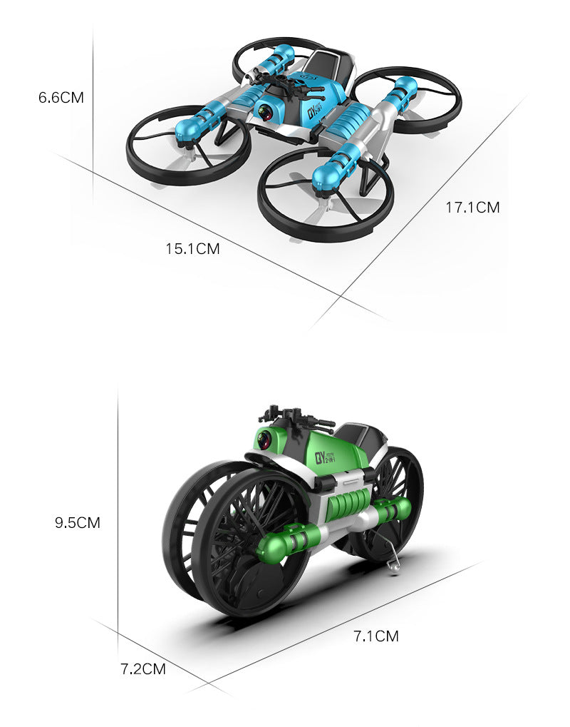 Measurement chart of a drone and a robot with dimensions labeled.