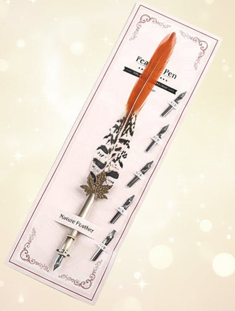 Feather pen with decorative elements on a branded card against a white background