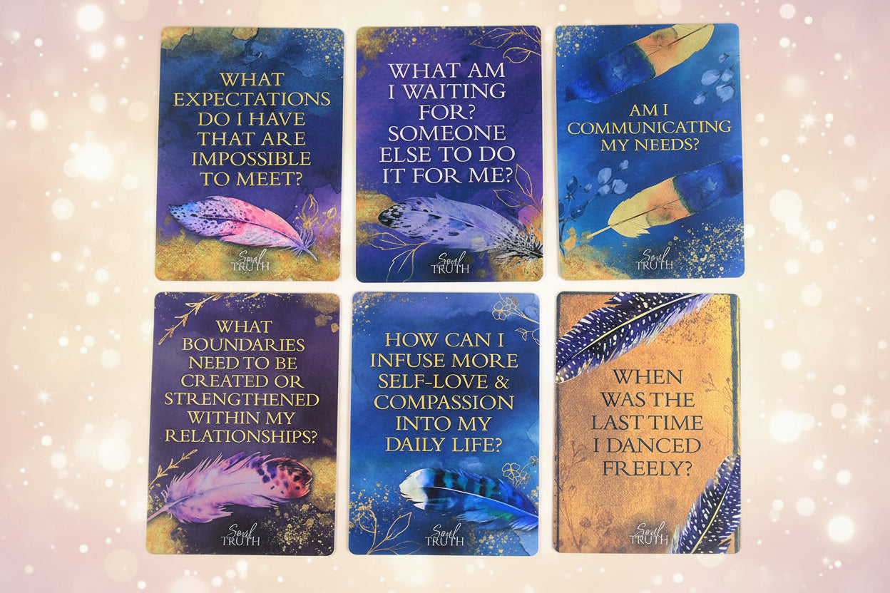 Set of six cards with motivational phrases and artistic designs on a white background